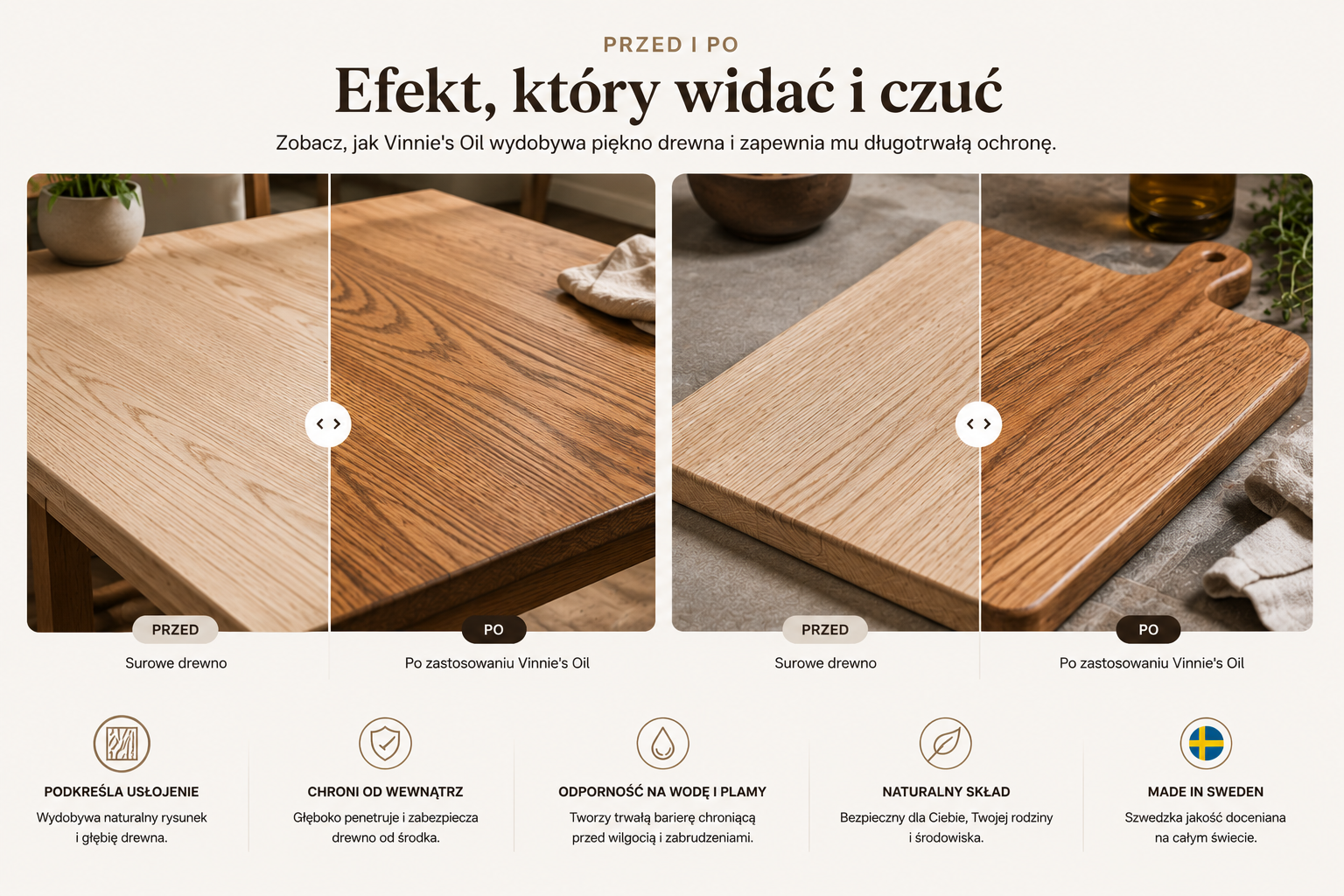 Drewno przed i po zastosowaniu Vinnie's Oil – naturalny olej do drewna podkreślający usłojenie, kolor oraz zapewniający długotrwałą ochronę powierzchni drewnianych