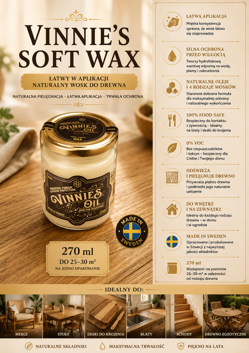 Vinnie's Soft Wax 270 ml – naturalny miękki wosk do drewna Food Safe Vinnie's Soft Wax 270 ml – naturalny miękki wosk do drewna Food Safe